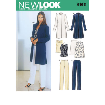 A woman models the NEW LOOK 6163 Misses’ Coordinates by Super Cheap Fabrics—a chic navy blazer over a patterned top and white pants. Sewing pattern drawings show options for the blazer, two tops, and trousers in white and navy.