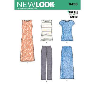 Pattern - NEW LOOK-  N6458 - Misses’ Knit Tank, T-Shirt, Trousers, Skirt and Dress