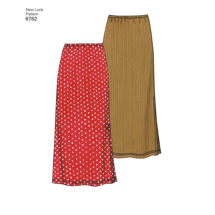 Two fashionable long skirts are showcased: a red one adorned with white polka dots and another in beige featuring vertical stripes. Ideal when teamed with an elegant top, these skirts dazzle under the label "Pattern - NEW LOOK - 6762 - Misses’ Coordinates" by Super Cheap Fabrics.