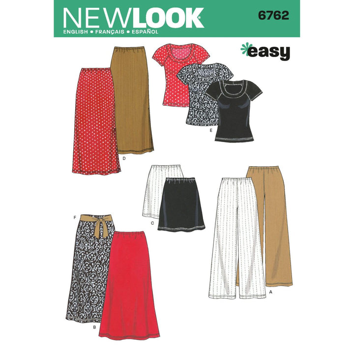 The cover of "Pattern - NEW LOOK 6762 - Misses’ Coordinates" from Super Cheap Fabrics features a collection of fashionable clothing designs, including chic skirts, knit trousers, and sophisticated tops. These garments are depicted in a variety of colors and patterns, such as polka dots and lace, accompanied by multilingual subtitles.