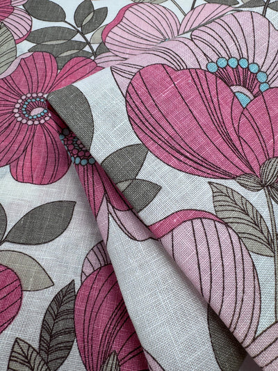100% Pure Linen Flax - Pink Floral - 150Cm