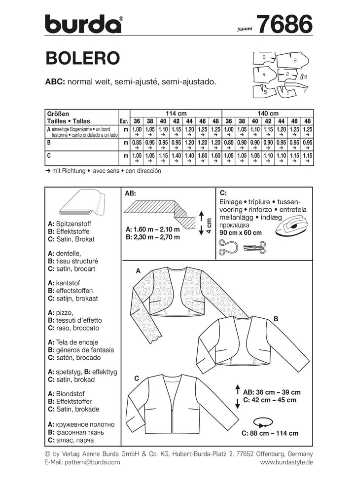 The Burda Style 7686 sewing pattern sheet by Super Cheap Fabrics presents a chic design for a bolero jacket. It features construction diagrams, size charts, fabric recommendations, and measurement details. With multilingual instructions and technical drawings that demonstrate assembly steps, this pattern is ideal when matched with pull-on trousers.