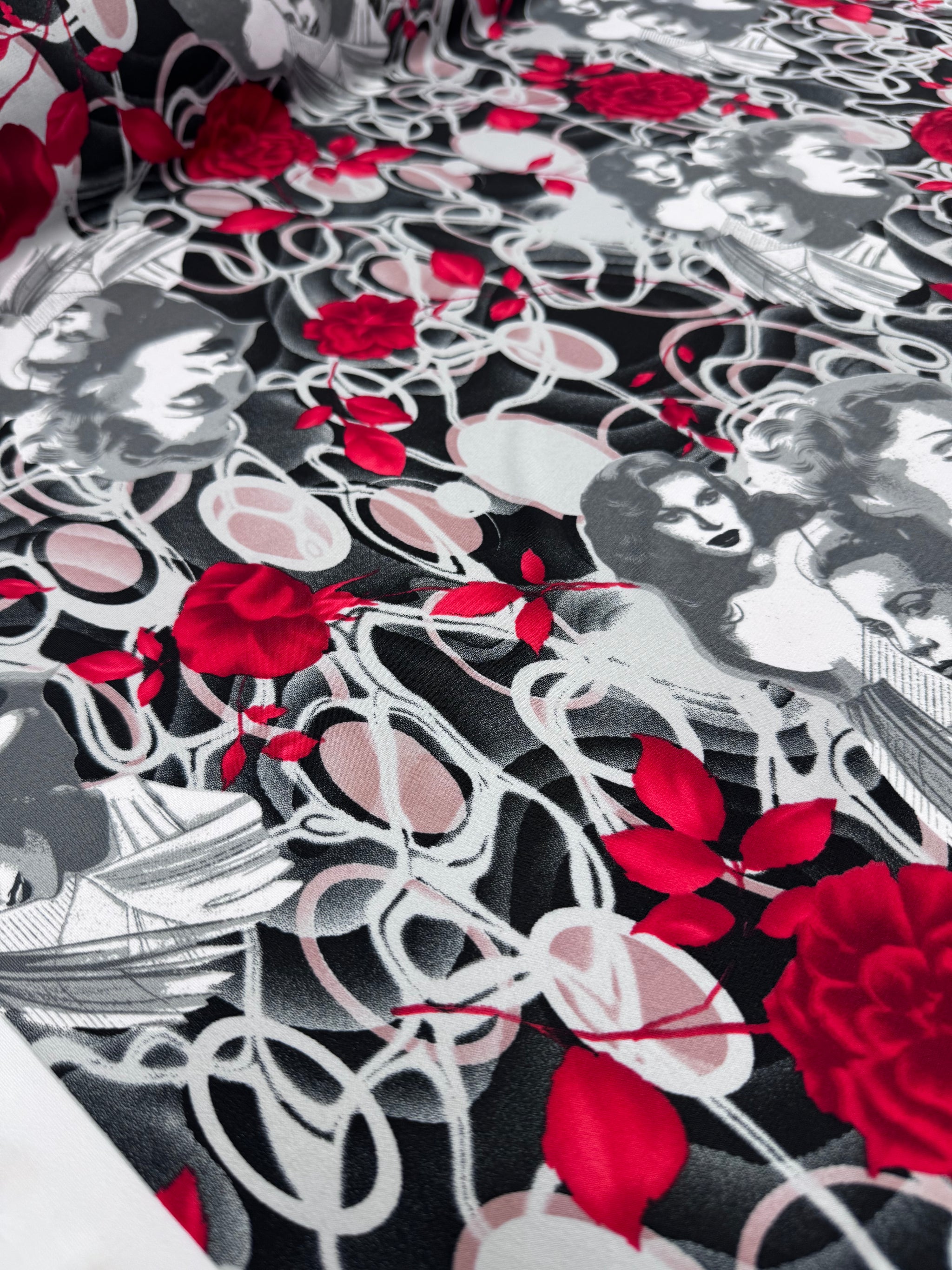Designer Printed Lycra - Crimson Blooms - 152cm