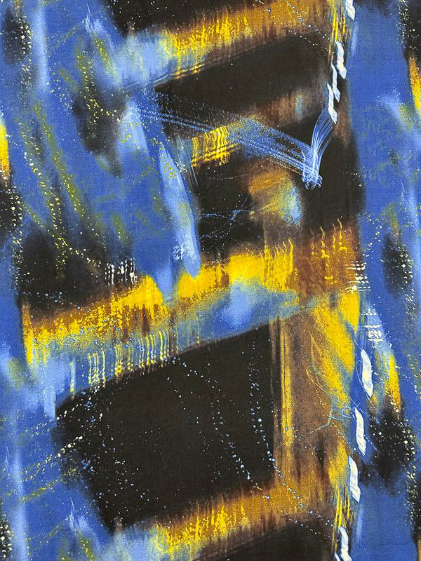 Abstract painting featuring bold strokes of blue, yellow, and black. The composition resembles the dynamic design found on the "Printed Lycra - Astro - 150cm" by Super Cheap Fabrics, with streaks and splashes that create a sense of motion and energy. White highlights accentuate certain areas, adding contrast and depth.