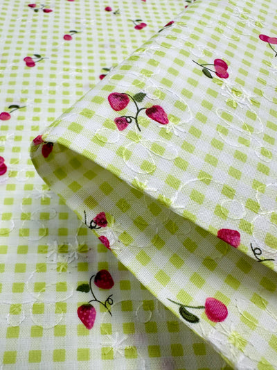 Embroidered Printed Cotton - Strawberry Lime - 114cm