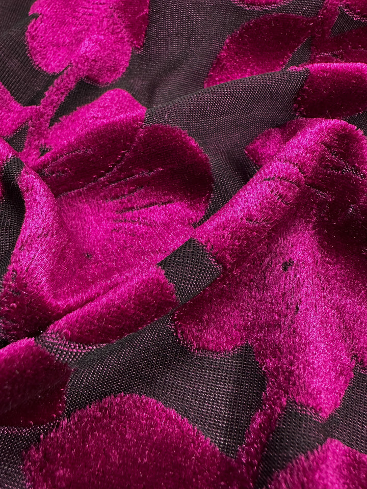 The Burnout Velvet - Cactus Flower by Super Cheap Fabrics features a magenta floral pattern on textured sheer black fabric, highlighting the luxurious feel of velvet against delicate mesh, epitomizing sophistication.