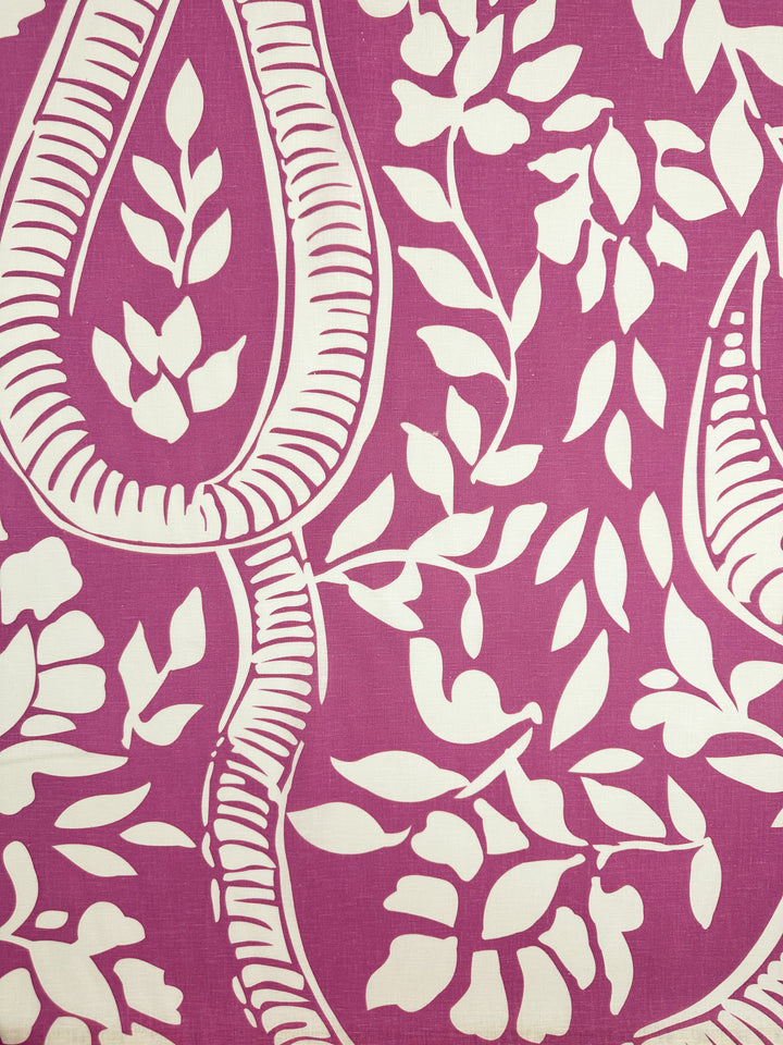 The Linen Blend - Rose Violet by Super Cheap Fabrics features an organic design of white abstract leaves and curved shapes on a pink background. This 138cm wide lightweight fabric interweaves large and small leaf motifs throughout the pattern.