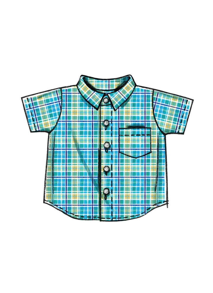 Illustration of a short-sleeved, button-up shirt with a blue, green, and yellow plaid pattern from Super Cheap Fabrics. Perfect for your next shopping trip, this Mccall's M6016 shirt features a chest pocket and a classic collar.