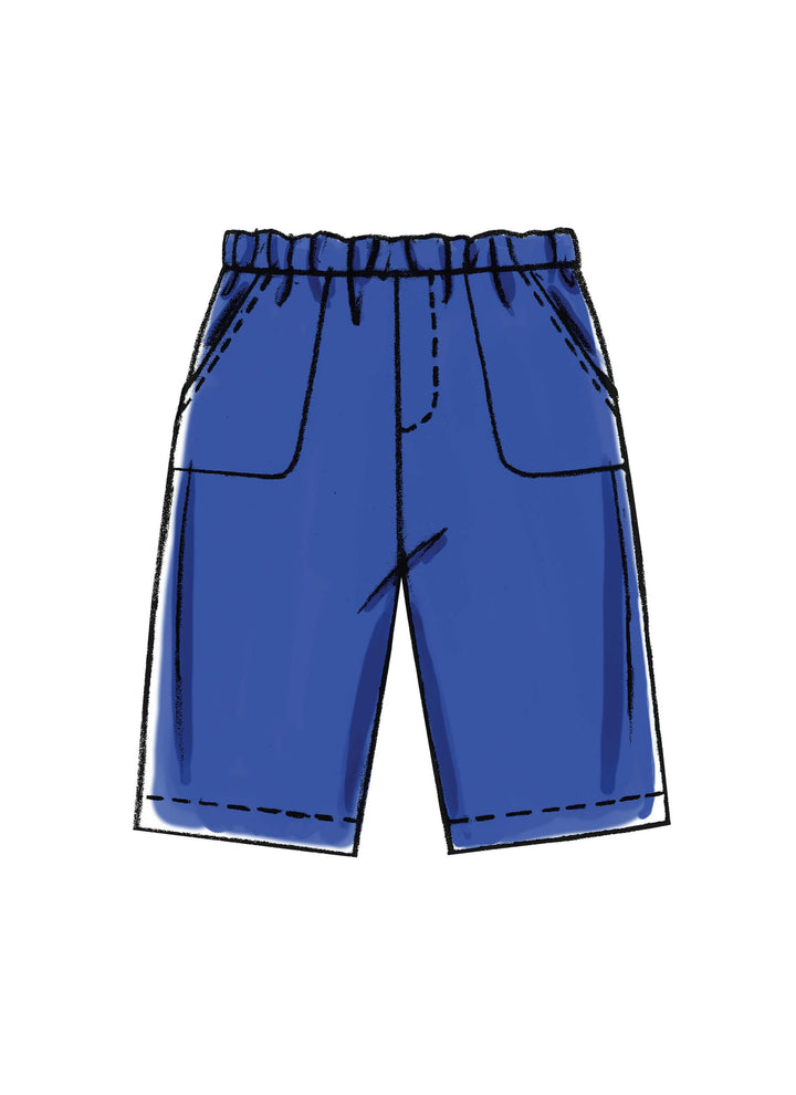 An illustration of the M6016 infants' shorts pattern from McCall's by Super Cheap Fabrics showcases blue shorts with an elastic waistband and visible stitching, perfect for a casual shopping trip. These shorts include pockets on either side, combining style with utility.