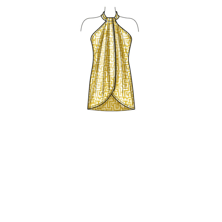 This is an illustration of a sleeveless gold halter top showcasing a geometric maze-like pattern. Designed under the product "Pattern - New Look - 6736 - Misses’ Tops and Trousers" by Super Cheap Fabrics, it is ideal for stretch fabrics and features a flowing, draped silhouette that offers a sophisticated appearance.