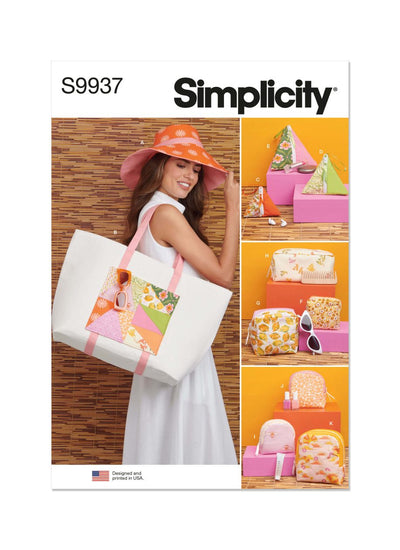 A woman in an orange sun hat showcases the Pattern - Simplicity 9937, featuring a large white and pink tote bag with a vibrant patchwork design, beautifully complementing her V-neck bodice. The image highlights various views of coordinating bags, pouches, and a hat adorned in orange, pink, and floral patterns. This collection is from the Super Cheap Fabrics brand.