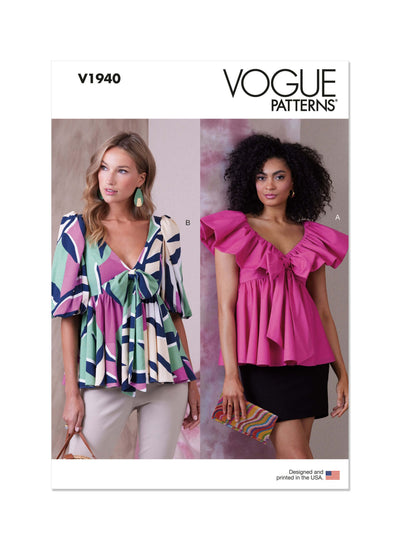 Pattern cover showcasing two women in blouses with ruffled sleeves and V-necklines. The woman on the left wears a vibrant geometric print design, while the one on the right sports a solid pink top, both made from stretch fabrics. Text reads "Super Cheap Fabrics - Pattern Vogue 1940 - Misses’ Tops.